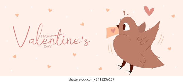 Hand draw banner with flying bird, dots and hearts for Valentine's day. Happy Valentine's day and button read more. Peach fuzz, red, brow and pink colors.Cartoon style. Web vector illustration