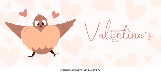 Hand draw banner with flying bird and hearts for Valentine's day. Happy Valentine's day and button read more. Peach fuzz, red, brow and pink colors.Cartoon style. Web vector illustration