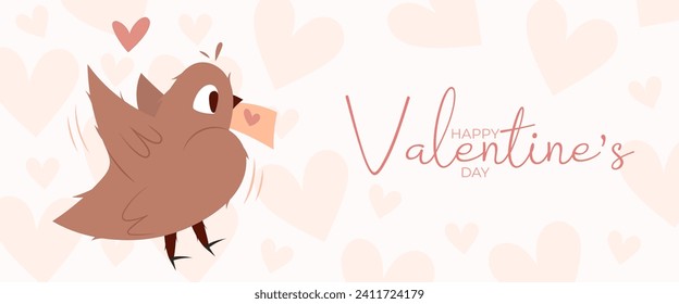 Hand draw banner with flying bird and hearts for Valentine's day. Happy Valentine's day and button read more. Peach fuzz, red, brow and pink colors.Cartoon style. Web vector illustration