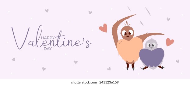 Hand draw banner with two bird under rain,dots and hearts for Valentine's day. Happy Valentine's day. Peach fuzz, red, purple brow and pink colors.Cartoon style. Web design vector illustration
