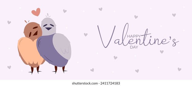 Hand draw banner with two bird and hearts for Valentine's day. Happy Valentine's day and button read more. Peach fuzz, red, purple brow and pink colors.Cartoon style. Web vector illustration