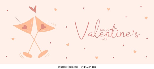 Hand draw banner with two glasses of martini, hearts for Valentine's day. Happy Valentine's day and button read more. Peach fuzz, red, brow and pink colors.Cartoon style.Vector illustration