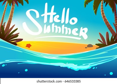 hand draw beach background. hand draw tour.Hand drawn seaside view.Tropical beach with palm trees