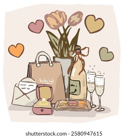 Hand draw, beige elements, pastries, bottle and glasses, envelop, bag, flowers, ring, macaroons, Vector, isolated, doodle.