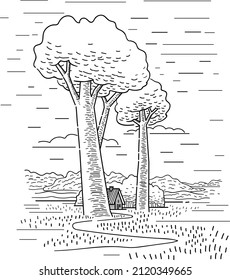 Hand draw big abstract tree and little hose behinad. Outline style    illustration. Vector background.  