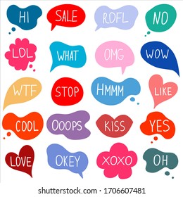 Hand draw  big set bubble talk phrases. Online chat clouds with different words comments information shapes vector isolated on white background