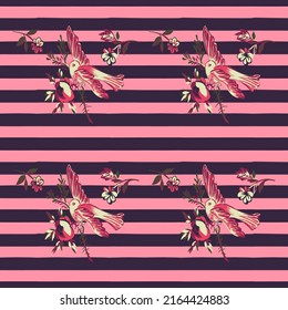 Hand draw bird flying with flower roses on stripe pattern pink background. Tropical vintage seamless print. Vector illustration for design, fashion, textile, greeting card, fabric, wrapping paper