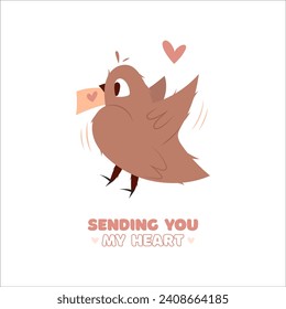 Hand draw bird with hearts and letter. Valentine's day poscard with lettering sending you my heart.Peach fuzz, pink, brown and red colors. Vector illustration on white background.Doodle style.