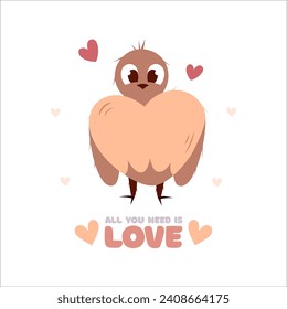 Hand draw bird with hearts. Valentine's day poscard with lettering all you need is love.Peach fuzz, pink and red colors. Vector illustration on white background.Doodle style.