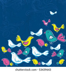 hand draw birds on grunge blue background, vector