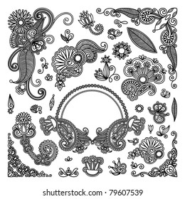 hand draw black flowers and frames elements