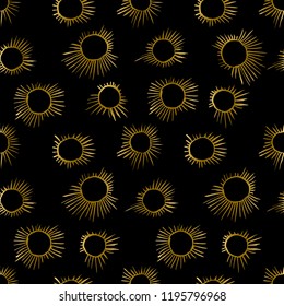 Hand draw black and golden sun beam. Vector seamless pattern.