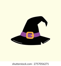 Hand Draw Black Halloween Witch Hat with Purple Belts, Fantasy Wizard Hat illustration