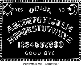 Hand draw black ouija board with the moon and the sun. Doodle vector illustration.