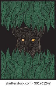 hand draw of black panther hide under bush in zentangle style
