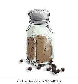 Hand Draw Of Black Pepper Shaker. Vector Illustration.