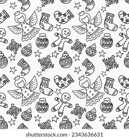 Hand zeichnen schwarz-weißes doodle Weihnachtselement nahtloses Muster.