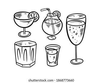 Hand draw black and white drinks set. Doodle style vector illustration. Isolated on white background.