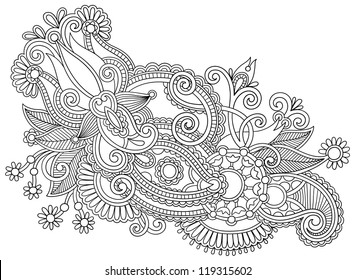 Hand draw black and white line art ornate flower design. Ukrainian traditional style