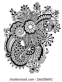 Hand draw black and white line art ornate flower design. Ukrainian traditional style