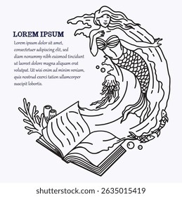 Desenho de Mão Preto e Branco Sereia Ilustração para Livro de História, Logotipo, T-shirt Design e Outros