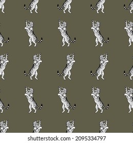 Hand draw black and white tigers on a dark olive background. Vector seamless pattern.