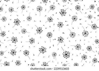 Hand draw bloomy dandelions and fluffy seeds decorative seamless pattern on white isolated background. Floral background endless texture. Herbal decorate for print design, wallpaper, pattern fills