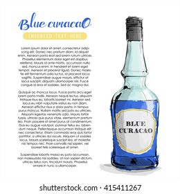 Hand draw of blue curacao bottle. Vector illustration.