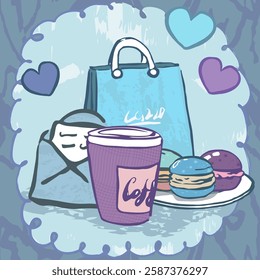 Hand draw, blue elements, macaroons, harts, envelop, bag, coffee. Vector, isolated, doodle in frame.