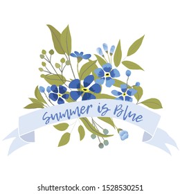 Hand Draw Blue Flower with Ribbon