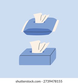 Hand Draw Blue Tissue Box, Cleaning Tissue, Antibacterial Wet Wipes, Blue Baby Wipes illustration