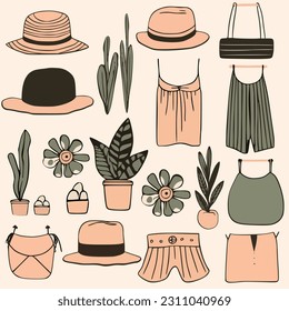 Hand draw, blush and green, simple line of summer, minimal clipart set

