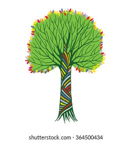 Hand draw Boho style tree with rainbow leaves on white background. Abstract illustration