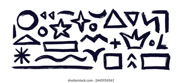 Hand draw bold geometric shapes, line and circles. Vector grunge style. Art symbols and texture crayon sign, curly brush strokes for print or graphic design