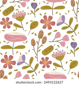 Dibuja a mano patrones botánicos sin costuras. Dibujo plano simple moderno. Colección floral para textil, papel y diseño de moda. Impresión botánica de primavera. Ilustración vectorial.