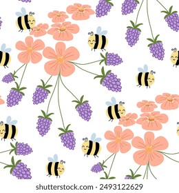 Hand zeichnen botanische nahtlose Muster. Einfache flache moderne Zeichnung. Kollektion für Textilien, Papierverpackungen und Modedesign. Botanischer Druck im Frühling. Vektorillustration.