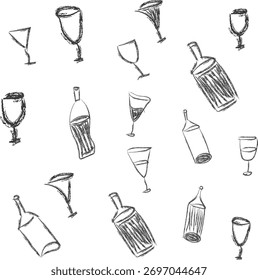 hand draw bottle and glasses icon set