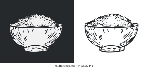 Hand draw bowl with flour, grain or sugar in monochrome sketch style. Agriculture organic food package. Engraving vintage vector illustration.