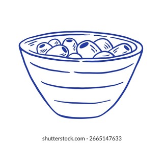 Hand draw bowl with olives vector illustration. Organic farm. Mediterranean food. 