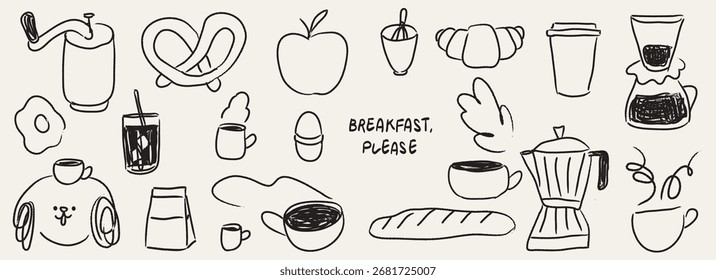 Desenhe à mão café da manhã ou rabiscos de brunch. Ilustração vetorial de ícones de comida e café em giz, estilo de desenho de giz de cera. Ilustração para convites, design de menus, mídias sociais.