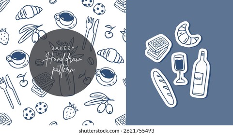 Hand draw breakfast doodles food. Crayon drawing style, Italian la dolce vita. Stickers, pattern