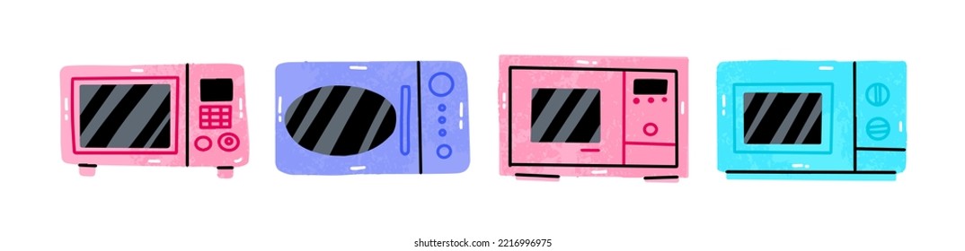 Dibujo manual conjunto de microondas brillante. Colección de microondas. Ilustración vectorial plana.Concepto de cocina rápida. Aislado sobre fondo blanco