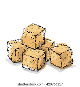 Hand Draw Of Brown Sugar Cubes. Vector Illustration.