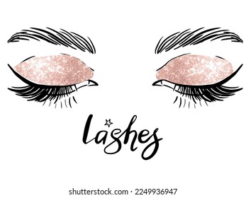 Hand draw brows and lashes vector illustration. Closed eyes.
