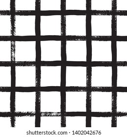 Hand draw brush grid black and white seamless pattern. Abstract monochrome check background with crossing brush Stroke. Endless plaid texture. Stylish vector design for fabric, wallpaper, wrapping