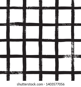 Hand draw brush grid black and white seamless pattern. Abstract monochrome check background with crossing brush Stroke. Endless plaid texture. Stylish vector design for fabric, wallpaper, wrapping