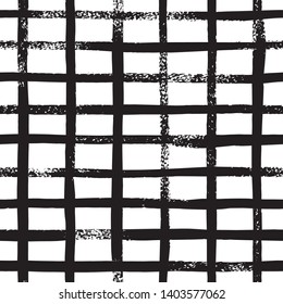 Hand draw brush grid black and white seamless pattern. Abstract monochrome check background with crossing brush Stroke. Endless plaid texture. Stylish vector design for fabric, wallpaper, wrapping
