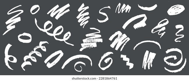 Hand draw brush quotes, commas, ornament, marks, splash, flourish set. Vector stock illustration isolated on black background for design template text and page decoration, headline, speech bubble. 