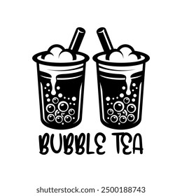 Hand draw bubble tea logo vector with white background. Milk tea. Black and white