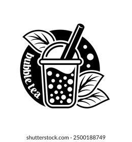 Hand draw bubble tea logo vector with white background. Milk tea. Black and white